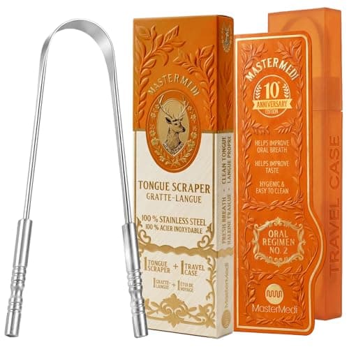 MasterMedi Tongue Scraper with Travel Case 1 Pack, Bad Breath Treatment Tongue Scraper for Adults & Kids, Stainless Steel Metal Tongue Scraper, Easy to Use Tongue Cleaner for Hygiene and Self Care