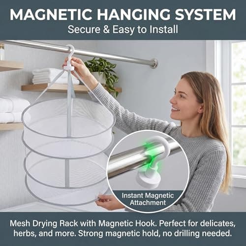 Hanging Mesh Drying Rack for Cruise Ship, Foldable Anti-Deform Laundry Dry Net with 2 Heavy-Duty Magnetic Hooks, Portable Delicates Dryer for Camping, Cruise Ship, Caravan, Lingerie, Socks, Swimwear — view 6