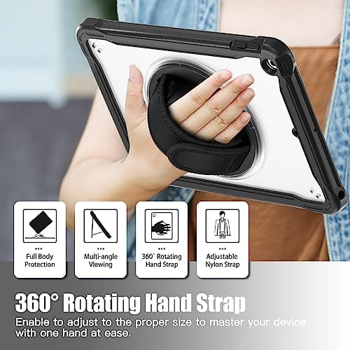 Gerutek Case for iPad 9th/8th/7th Generation 10.2 Inch, Heavy Duty Shockproof, Rugged Cover with 360° Rotating Stand & Hand Strap, Shoulder Strap, Drop Protection Shell with Clear Back, Black — view 6
