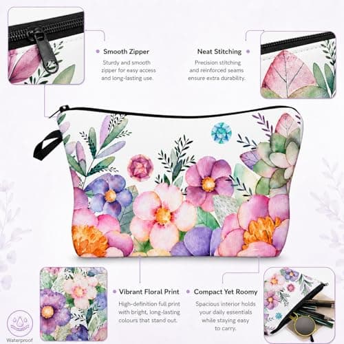 FAVORTALK Cosmetic Bags Floral Toiletry Bags Portable Make Up Bags for Women Girls Wash Bags with Zipper Waterproof Travel Makeup Pouch B0906 — view 2