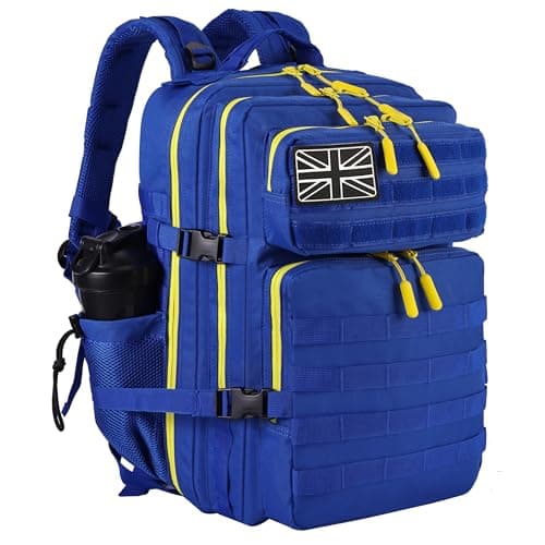 LHI Military Tactical Backpack for Men and Women 45L Large waterproof Rucksack for School, Hiking, Trekking, Hunting - Blue with yellow zipper