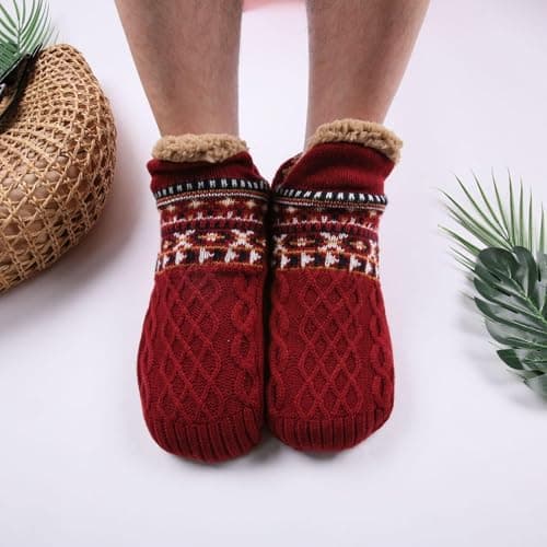 JiaYouLC Fluffy Slipper Socks for Women Men Winter Fleece Lined Thermal Non Slip Indoor Home Knitted Warm Bed Socks (UK, Alpha, XL, Regular, Regular, Red) — view 2