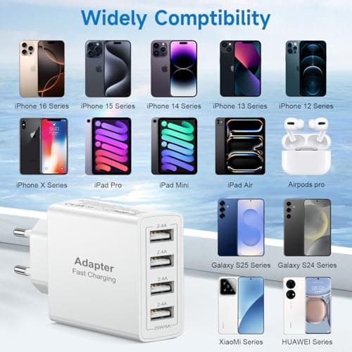 EU Travel Adapter Charger, 25W European Plug Adapter Fast Charging with 4 USB A, European Wall Adaptor EU Adaptor Plug for iPhone, iPad, Samsung, European to UK Plug Adaptor for France Spain Germany — view 5