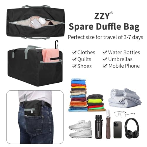 ZZY 35L Foldable Travel Duffle Bag, 22-Inch Packable Small Duffel Bag Lightweight Holdall for Camping, Storage, Travel-Black — view 2