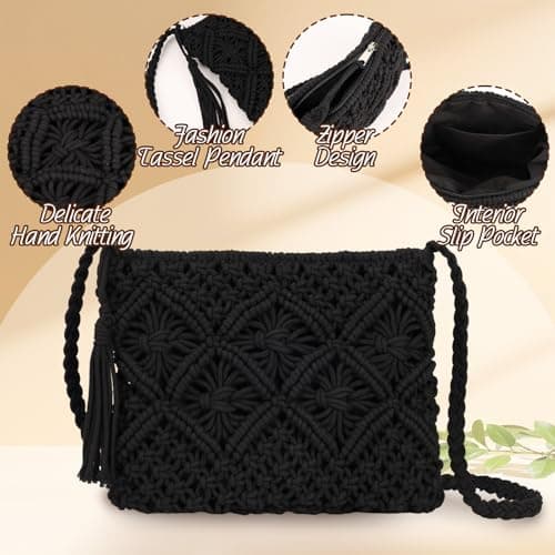 Sahunfri Straw Crossbody Bag for Women Bohemian Shoulder Bag Woven Crochet Purse For Summer Beach Travel Clutch Handbag (Black) — view 4