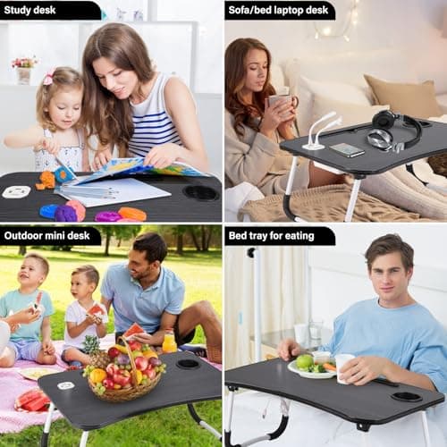Foldable Laptop Table with USB Ports, Drawer, Cup Holder&Tablet Slot, Black — view 6