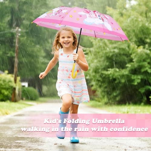 Decalsweet Kids Umbrella Unicorn Castle Stick Folding Umbrella Safety Open — view 2