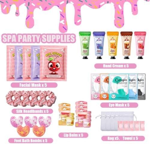 Kids Pamper Sets for Girls - 40 Piece Sleepover Party Supplies for Girls with Facial Masks, Eye Patches, Hand Cream, Lip Balm & Foot Bath Bombs, Pamper Party Gift Set for Birthday Spa Nights (Pink) — view 2
