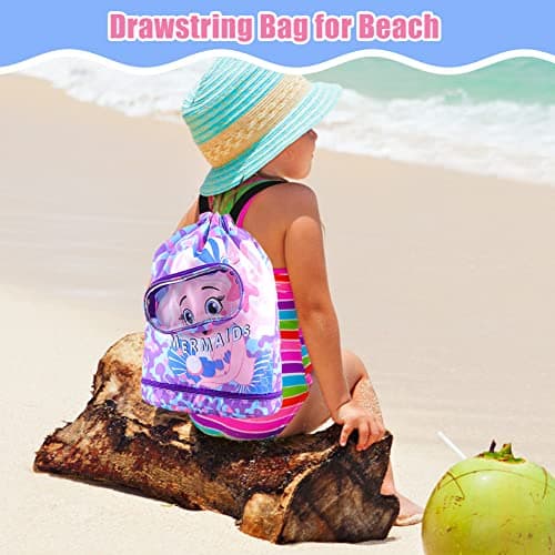 EQLEF Drawstring Bag Kids Swimming Bag, Waterproof Swim Bag Girls Swimming Bag Dry-Wet Separation Beach Backpack with Zippered Pocket Shoe Compartment Sports Gym PE Beach Bag for Girls — view 3