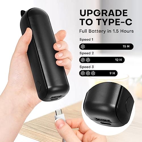 OHLGT Mini Handheld Fan, 3 Speeds Rechargeable Quiet [9-15 Working Hours], Portable USB Small Pocket Personal Fan With Power Bank for Travel, Outdoor or Indoor - All Black — view 3