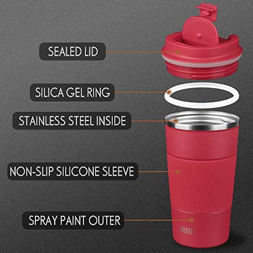 HASAGEI Travel Mug, Insulated Coffee Cup with Leakproof Lid - Vacuum Insulation Stainless Steel for Hot and Cold Water Coffee and Tea Red, 380ml — view 2