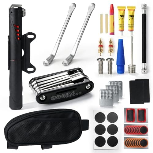Beginreally Puncture Repair Kit Bicycle with Storage Bag, Complete Bicycle Tyre Repair Kit with Mini Pump and 16-in-1 Bike Tool Kit for Road Mountain Bike Emergency Fixes
