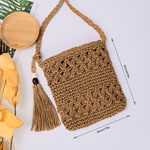 Straw Bag for Women, Summer Beach Straw Purse with Tassel, Weave Handmade Single Crossbody Bag with Zipper, Bohemian Shoulder Purse for Summer Beach Travel — view 5