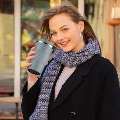CS COSDDI Travel Mugs, Insulated Coffee Cup with Leakproof Lid - Reusable Coffee Cups Travel - Car Coffee Cup - Stainless Steel Coffee Mug for Hot and Cold Water(Grey, 380ml) — view 5