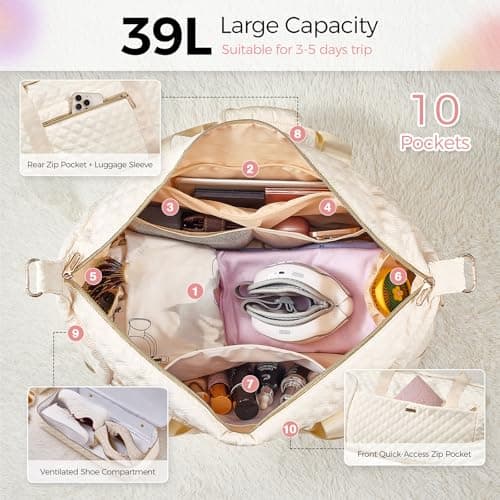 Gloppie 39L Foldable Travel Duffel Bag - Waterproof Gym Holdall & Mum Hospital Bag for Women Weekend Overnight Carry on Tote Bag with Shoes Compartment & Makeup Bag, 2 Pcs Set (Beige) — view 4