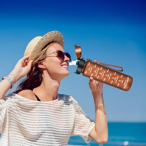 GOPPUS 1L/32oz Tritan Water Bottle with Straw-Soft Matte Finish Leakproof Drink Bottle with Measurements Bottles with Flip Top Motivational Bottles with Time Marks for Adults BPA Free (Brown) — view 6
