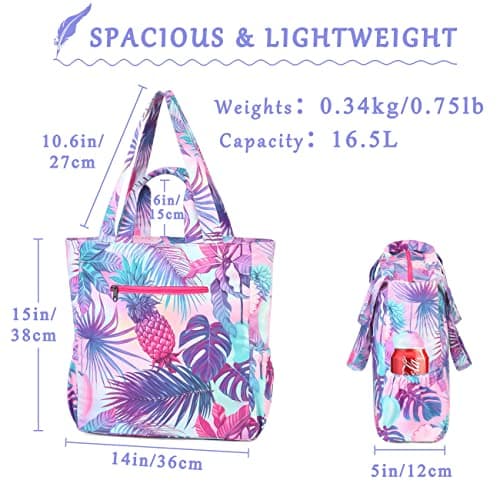 VASCHY Beach Bag for Women, Floral Lightweight Shoulder Tote Bag Foldable Water Resistant Sandproof Handbag Pool Gym Bag with Zip and Multi-pockets for Vacation, Travel(Purple Pineapple) — view 2