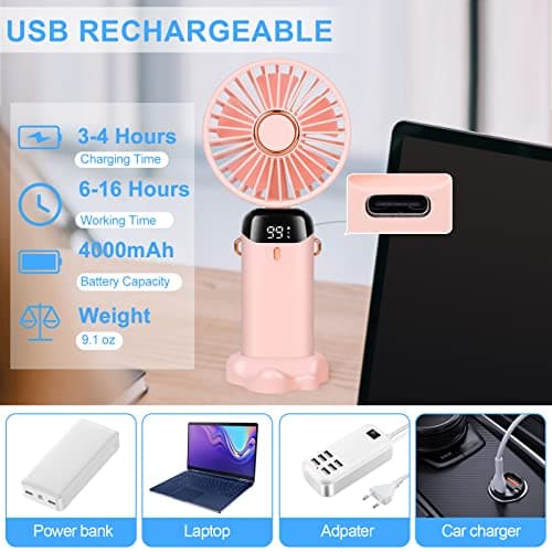 LYMYBETY Portable Handheld Fan, 4000mAh Mini USB Rechargeable Fan with Digital Display, Small Personal Pocket Fans with 5 Speeds, Hand Held Fans with Lanyard and Base for Home Travel (Pink) — view 4
