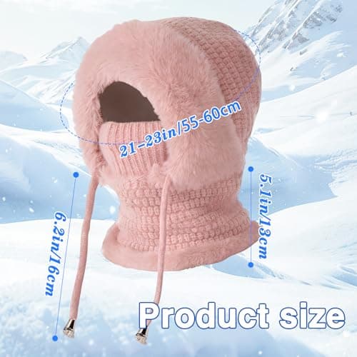 Ashloter 3 in 1 Beanie Hat for Women, 3in1 Thermal Winter Balaclava Knitted Hood with Scarf and Face Mask, Windproof Warm for Outdoor Skiing Hiking Running Skiing Cycling Ladis Men (Pink) — view 2