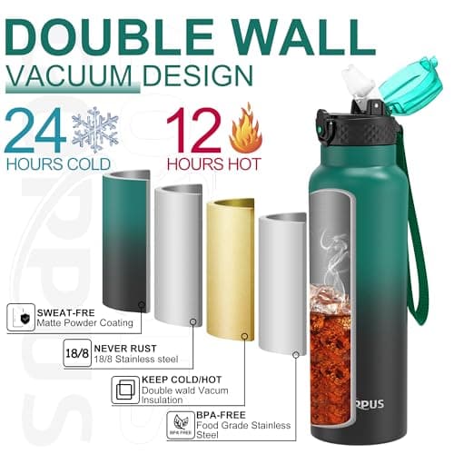 GOPPUS 750ml/26oz Stainless Water Bottle with Straw Double Wall Insulated Bottles with Strap Reusable Vacuum Thermal Flask Leakproof Keep Cold Drinks Bottles with Flip Top Lid BPA Free (Green Black) — view 5