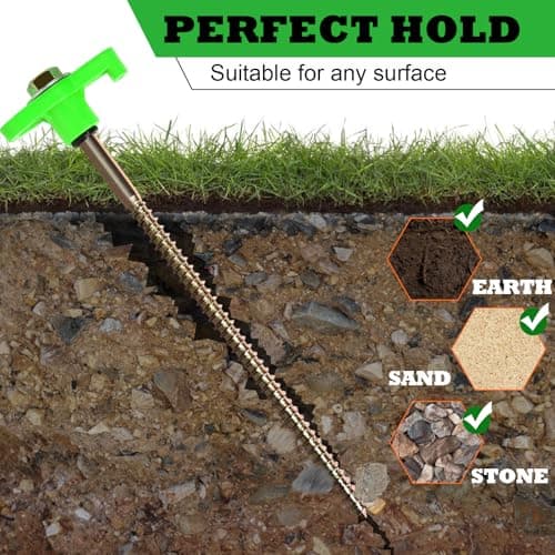 OFFOF 12 Pack Heavy Duty Metal Tent Pegs – Rotating Rock Pegs with Thread, Ground Anchors for Camping, Includes Drill Adapter & Nail Puller, Durable Steel Stakes for Garden, Canopies & Outdoor(green) — view 2