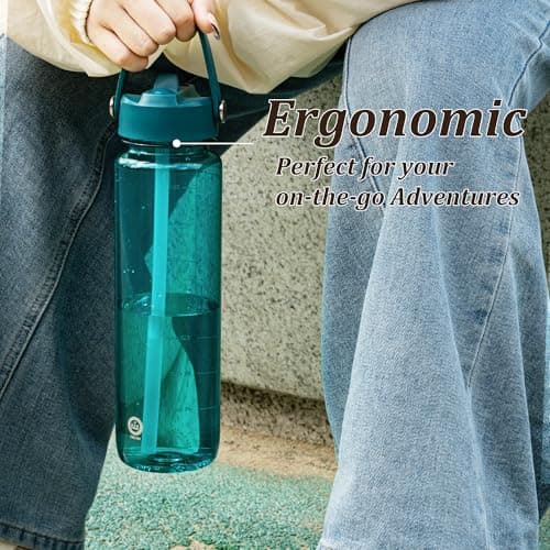 GOPPUS 1000ml/32oz Clear Water Bottle with Straw, Tritan Leakproof Sports Drinking Bottle, BPA Free Wide Mouth Gym Bottle with Handle and Measurement Marks for School, Gym, Travel (Teal Blue) — view 6