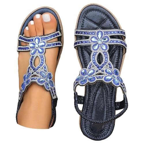 Blue Sandals For Women Ladies Sandals Size 5 Uk Flat Fashion Rhinestone Flat Roman Sandal With Ankle Straps Comfortable Soft Sole Lightweight Walking Sandal Slip Resistant Holidays Casual Shoes