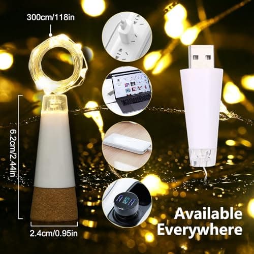 KOBWA Wine Bottle Cork Lights,USB Rechargeable 15 LED Copper String Lights, 59 Inch for DIY Bottle Decoration, Wedding, Party, Home, Outdoor, Garden, and Christmas Decor(Multi-Colour, 3 Pack) — view 2