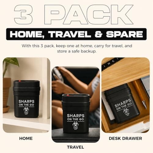 3pk Travel Sharps Bin 0.2L – Small Sharps Box for Needles, Lancets & Insulin Pen Tips – Portable Disposal Container with Secure Leakproof Lid – Medical Waste Bin, Black — view 5
