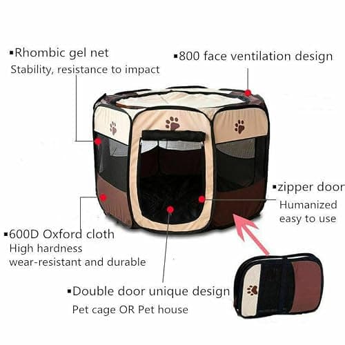 GA COMMUNICATIONS Portable Pet Playpen, Foldable Dog Cat Cage Indoor Puppy Play Pen, Breathable Mesh Pet Carrier Kennel Soft Tent For Large Dogs Travel Puppies Playpens (Grey/Beige, 91 * 91 * 58 cm) — view 2