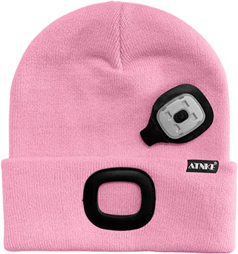 ATNKE LED Lighted Beanie Cap,USB Rechargeable 4 LED Red and Blue Glow Flashing Running Headlamp Hat Winter Warm Gifts for Men and Women/Pink — view 3