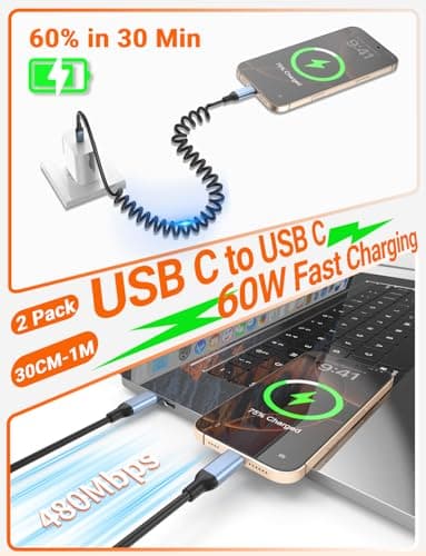 Coiled USB C Cable 2 Pack 60W Fast Charging 30-100cm, Coiled USBC to USBC CarPlay Android Auto Cord, Spring USB C Car Charging Cable for iphone 15 16 17 Samsung Galaxy S24 S23 — view 2