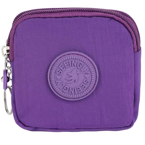 HYJMA Compact Coin Purse for Women, Waterproof Nylon Change Pouch with 2 Zipper Layers (Bright Purple)
