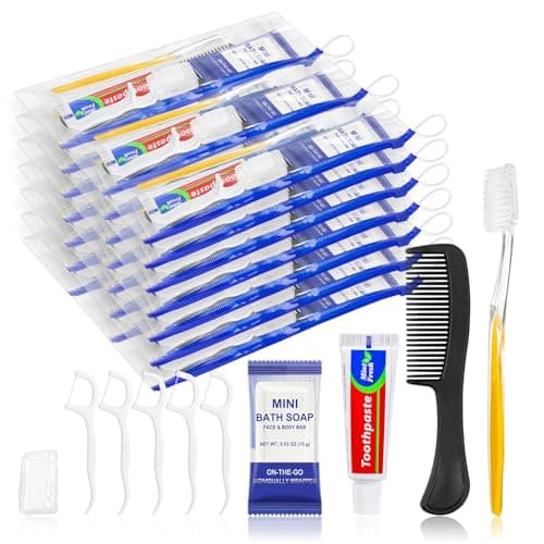 Xuezoioy 30 Sets Personal Hygiene Kit Bulk,Yellow Travel Size Basic Toiletry Supplies Disposable Toothbrushes with Toothpaste Floss Comb Soap Cover Set for Homeless,Guests,Church