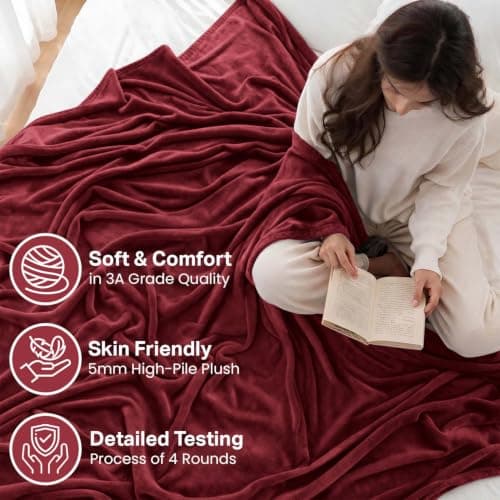 Oxford Homeware Fleece Blanket Sofa Throw Cuddly Reversible Soft Throws for Bed, Couch, Settee, Travel Lightweight and Breathable Blanket fit All Season (Burgundy, Throw/Single) — view 2