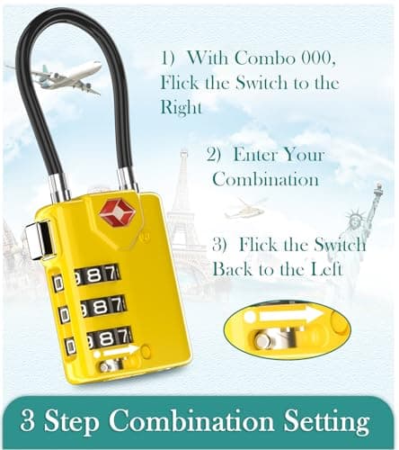 TRAVOCE TSA Approved Luggage Locks - Heavy Duty 4 Digit Combination Cable Lock with Search Alert for International Travel, Suitcases, Golf Bags, Backpacks, Camera Cases, Violin and Tents, Yellow 2 — view 5