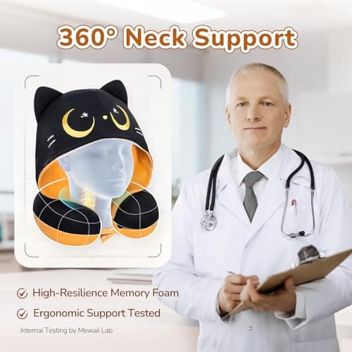 Mewaii Kids Travel Neck Pillow, Airplane Pillow with Cat Hood, Orange — view 3