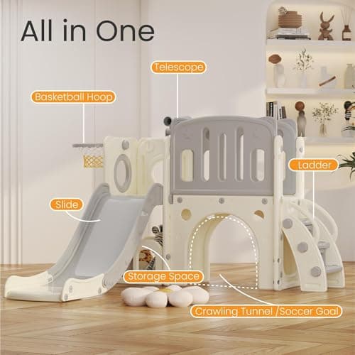 hoopyosms Toddler Slide with Climbing Ladder, Tunnel and Basketball Hoop, Indoor Outdoor Garden Slide Set for Kids, Children's Playground Toy, Montessori Play Equipment, Grey — view 3
