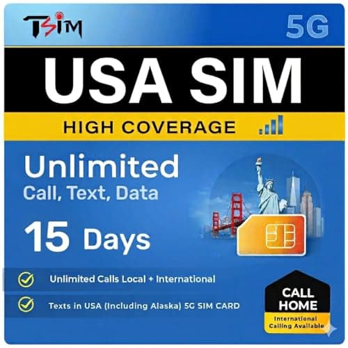 TSIM USA SIM Card 15 Days with Call Home | High Coverage | Unlimited Data on AT&T Network | Unlimited Local + International Call/Texts in USA (including Alaska) 5G SIM Card!