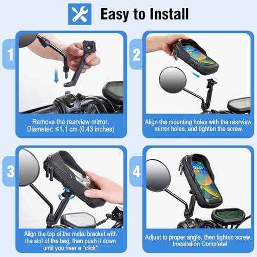 WACCET Motorbike Phone Holder Waterproof, Motorcycle Smartphone Mount 360° Rotation Phone Holder for Motorbike Mirror with Touch Screen Sun Visor Motorcycle Phone Bracket for Phone up to 7.2'' (Black) — view 2