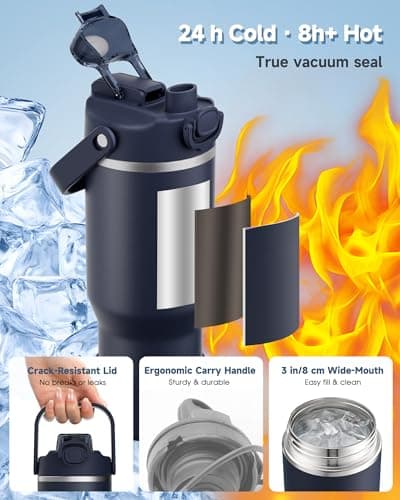 KANGZY Metal Water Bottle with Straw 1L/32oz – Vacuum Insulated Stainless Steel Flask, 2-in-1 Straw & Spout Lid, BPA-Free Leak-Proof Tumbler, Keeps Drinks Hot 8H+ / Cold 24H for Work, Travel Navy Blue — view 4