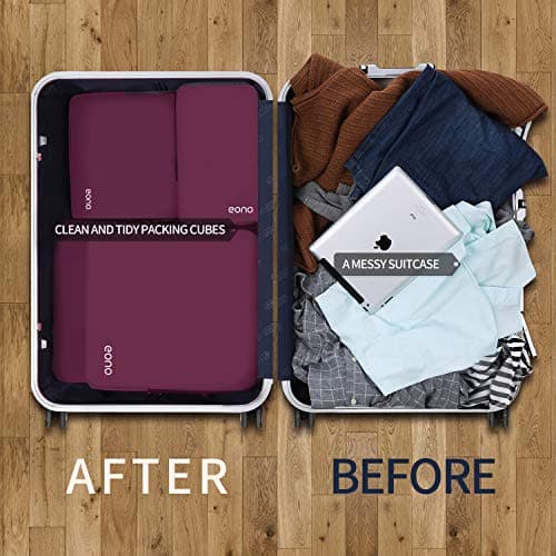 Eono Compression Packing Cubes, Luggage Organiser Set, Extensible Suitcase Organiser, Packing Organisers for Suitcases, Packing Cubes for Travel or Home Storage - Burgundy, 4 Set — view 6