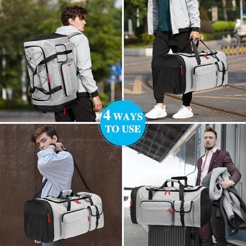 Lyweem Large Duffle Bag Backpack for Travel, 70L Heavy Duty Gym Duffel Bag for Men Women with Shoes Compartment, Sports Holdall Backpack for Weekend Overnight Traveling, Grey — view 2