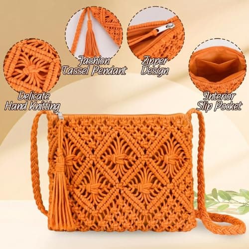 Sahunfri Straw Crossbody Bag for Women Bohemian Shoulder Bag Woven Crochet Purse For Summer Beach Travel Clutch Handbag (Orange) — view 4
