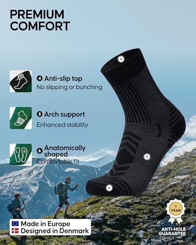 DANISH ENDURANCE Walking Socks Merino Wool Lightweight, Anti Blister Hiking Socks, Breathable Trekking Socks, for Men & Women, 3 Pack, Black, 6-8 — view 3