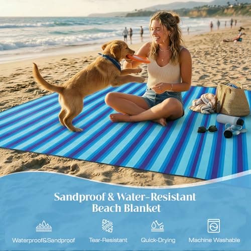 Beach Blanket Sandproof Waterproof,274 x 305 cm Extra-Large Beach Mat with Stakes &Travel Bag,Lightweight,Quick Dry,Portable Picnic Mat Beach Essentials for Outdoors,Cruise,Picnic &Camping,Blue Stripe — view 5