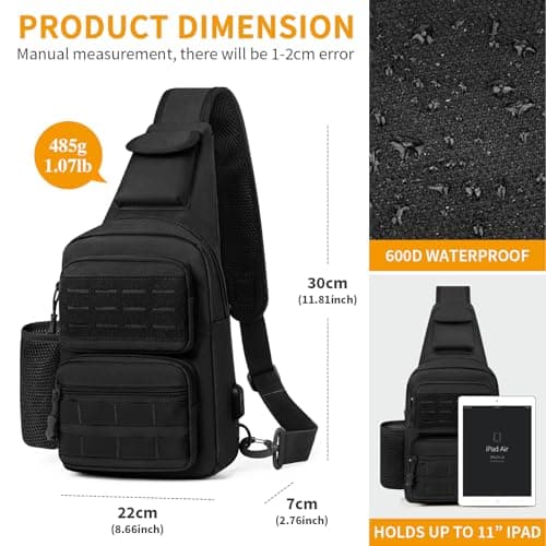 HUNTVP Sling Bag with Water Bottle Holder for Men Women, MOLLE Tactical Water Resistant Chest Bag with USB Port, Lightweight Crossbody Shoulder Backpack for Travel, Hiking, Cycling — view 2