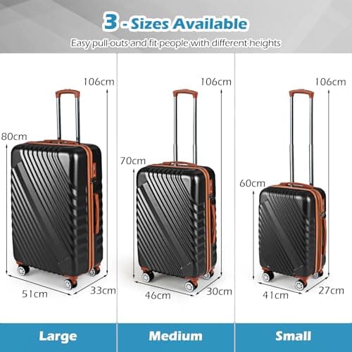 COSTWAY Travel Suitcase Set of 3, Lightweight Durable ABS Hard Shell Cabin Luggage Set with Wheels, TSA Approved Lock & Retractable Handle, Airline Approved Carry on Suitcase Trolley (Black) — view 5