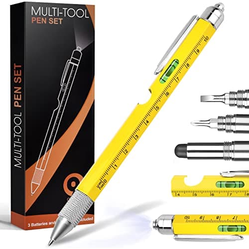 9 in 1 Multitool Pen Set with LED Light, Screwdrivers & Spirit Level – Gadget Pen with Ruler, Stylus & Bottle Opener, 2 Ink Refills