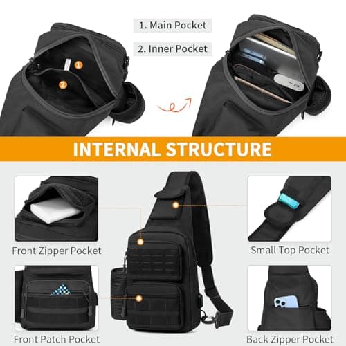 HUNTVP Sling Bag with Water Bottle Holder for Men Women, MOLLE Tactical Water Resistant Chest Bag with USB Port, Lightweight Crossbody Shoulder Backpack for Travel, Hiking, Cycling — view 3